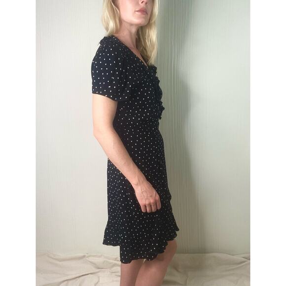 SUNDAY BEST B&W Polka Dot Short Sleeve Ruffle Trim Wrap Dress US MEDIUM NWT - Picture 6 of 16